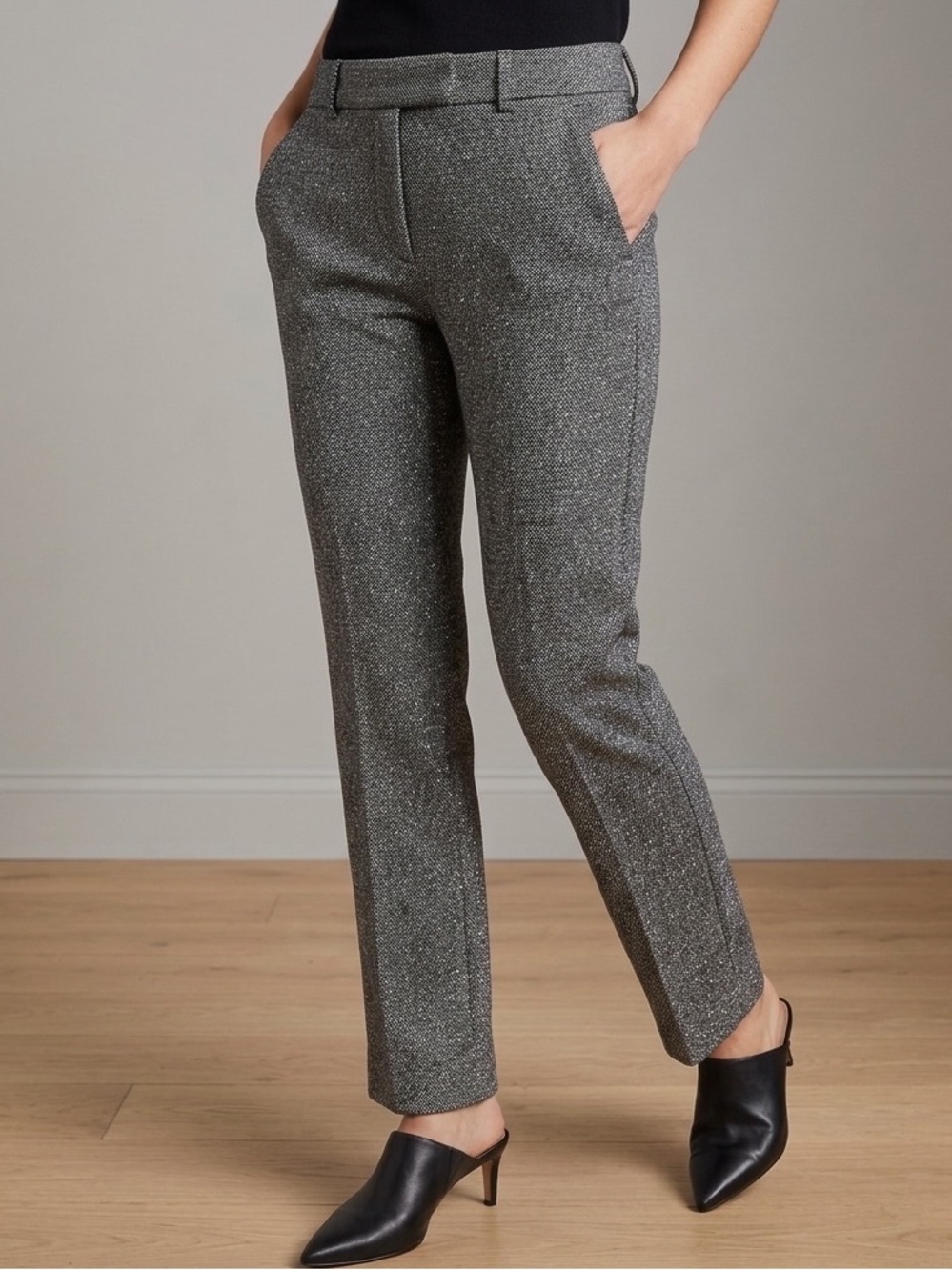 H&M Shimmer Gray Black Metallic Stretch Straight Leg Cigarette Trousers Size 12